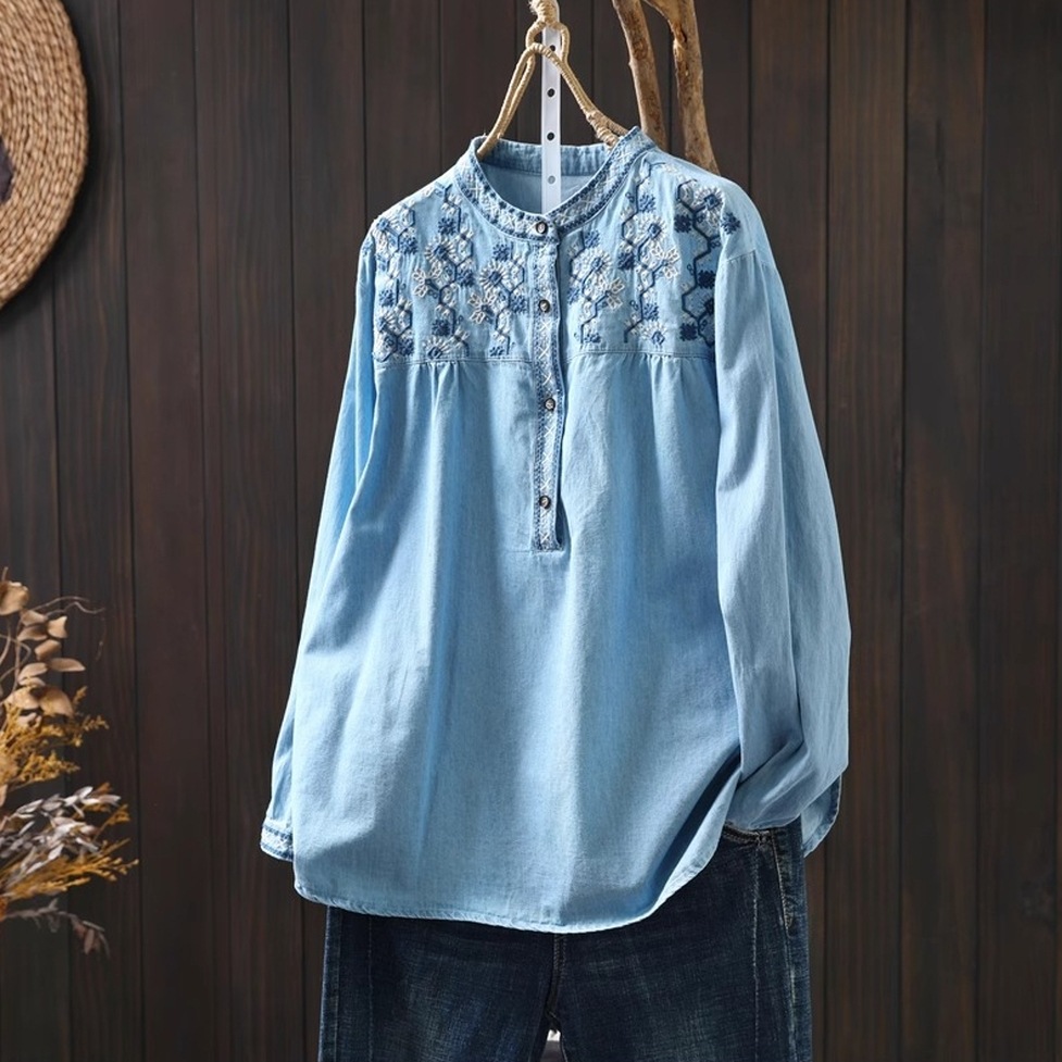 シャツ トップス ブラウス シャツブラウス デニム刺繍プルオーバーシャツ デニム風刺繍シャツ ノーカラー 長袖 襟無し 刺繍 デニム ハーフボタン 花柄刺繍 レディース かわいい 大人可愛い おしゃれ