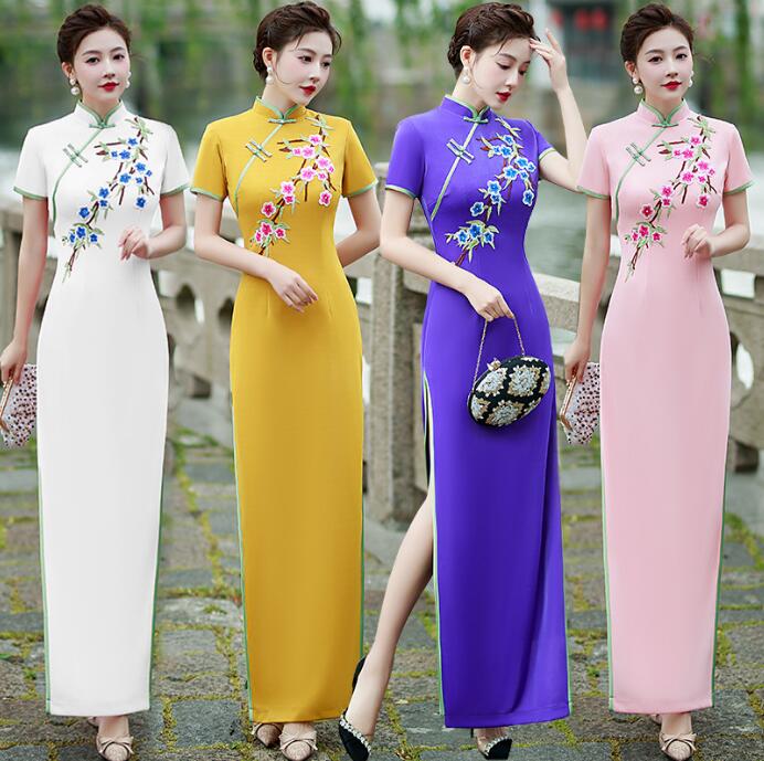 チャイナドレス ロング 梅柄 チャイナドレス 中華風 パーティードレス 細身 スリット入り チャイナ服 発表会 謝恩会 花嫁 中華風ドレス お呼ばれ 大きいサイズ 中華服