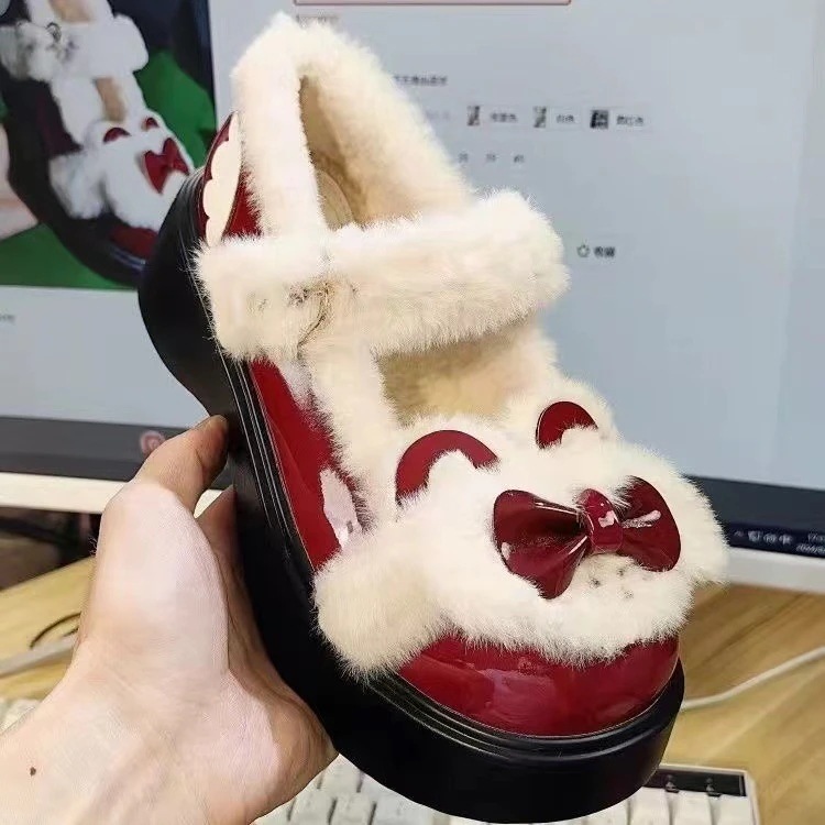 ロリータシューズ レディース ウィンター ベルベット スノーブーツ ラウンドトゥ 厚底 ロリータ リボン Jk 制服 靴 婦人靴