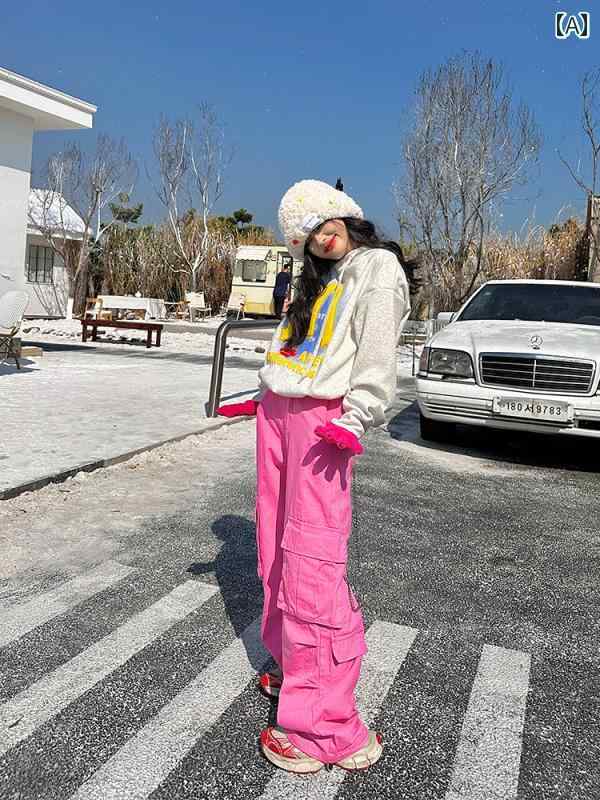 カーゴパンツ レディース カジュアル 秋冬 ストリート ストレート ワイドパンツ 韓国 ポケット コットン ピンク 6,174円