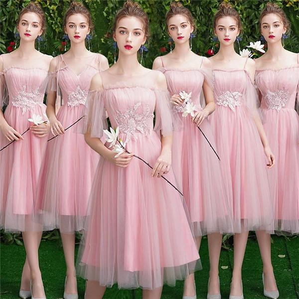 ブライズメイド ドレス ミモレ丈 ピンク ドレス 大人 ピアノ 発表会 ミモレ丈 袖あり カラードレス 結婚式 パーティードレス イブニングドレス 披露宴 同窓会 女子会 総レース S M L XL