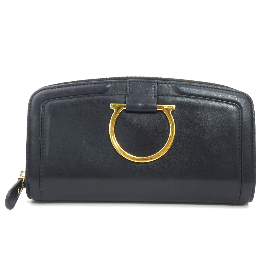 サルヴァトーレフェラガモ Salvatore Ferragamo ラウンドファスナー長財布 ガンチーニ レザー ブラック ゴールド レディース e60721a