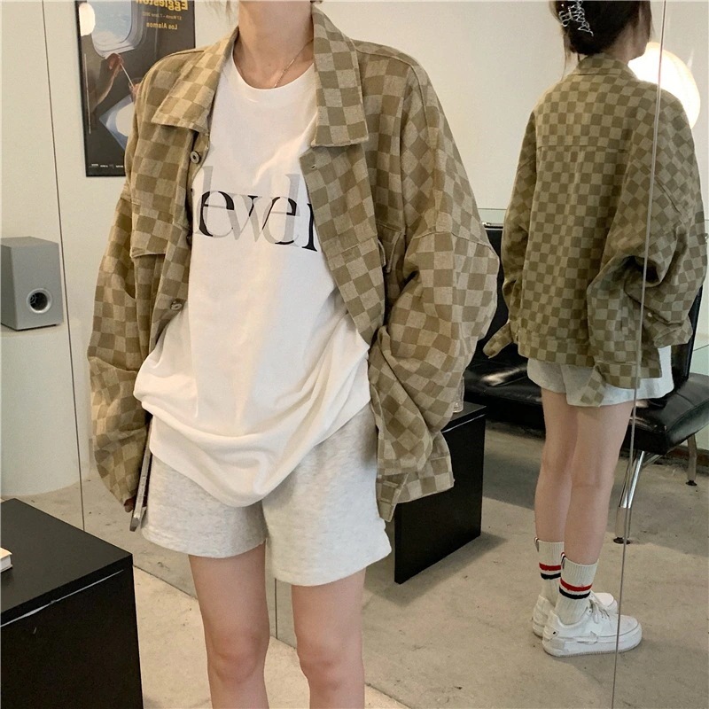 オーバーサイズ チェッカー柄 長袖 シャツ トップス ショート ショート丈 袖あり 襟付き ポケット 前開き かわいい 大人可愛い シンプル カジュアル 大人 おしゃれ お洒落 大人女子 こなれ感 5,508円