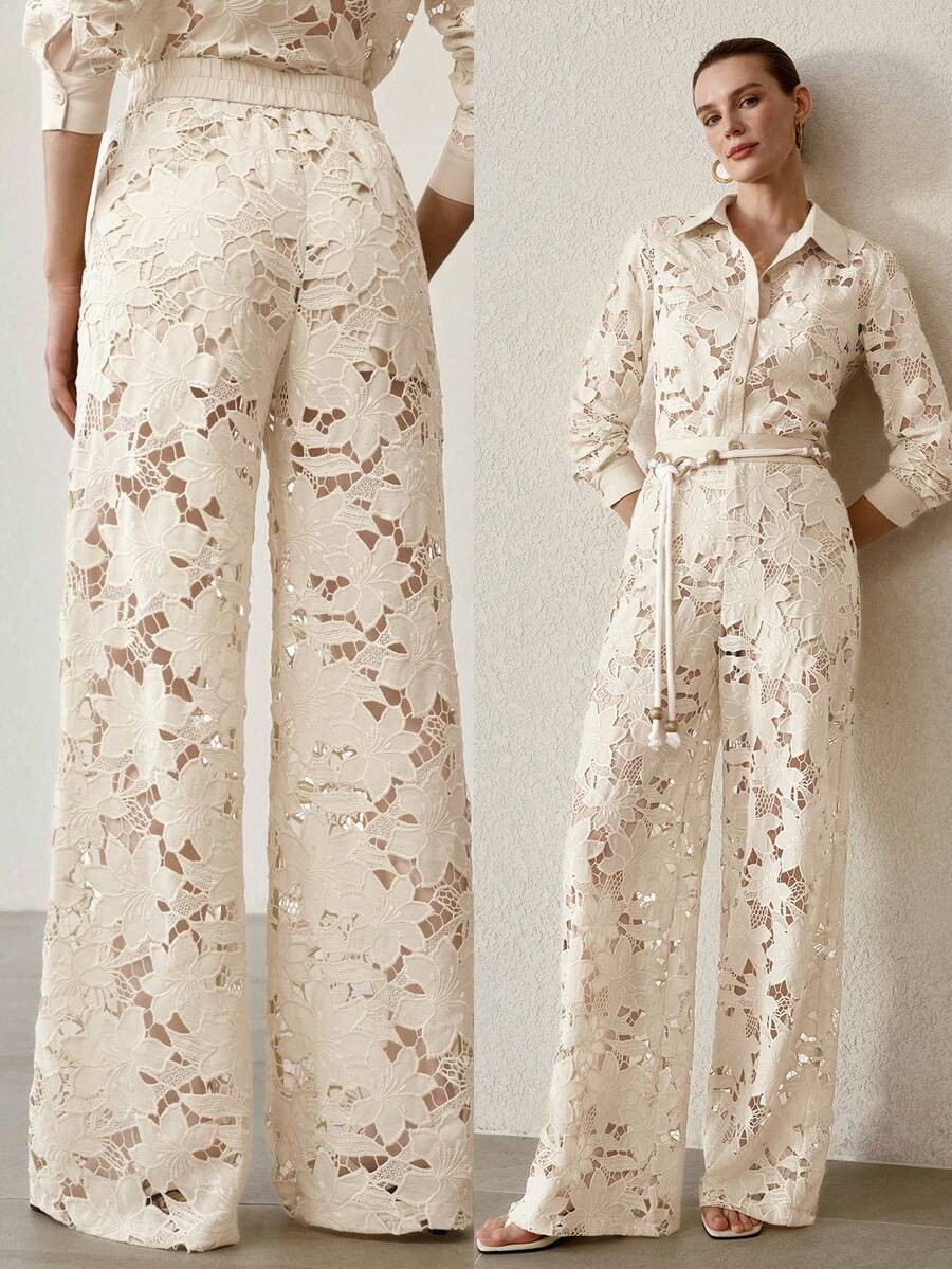 女性用ギピュールレース ストレートレッグパンツ
