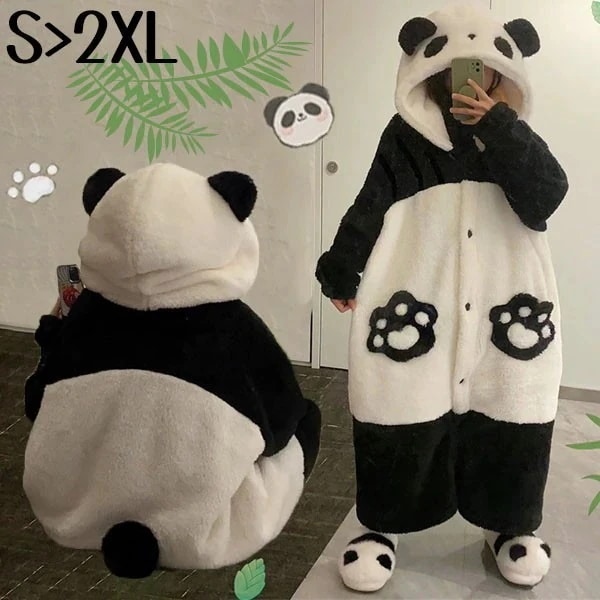 パンダ ウェア もこもこ パジャマ 長袖 ナイトガウン 着る毛布 大きいサイズ 前開き フード付き 寝巻き 部屋着 暖かい あったか 着ぐるみ モコモコ 大人用 ふわふわ 動物 レディース15487