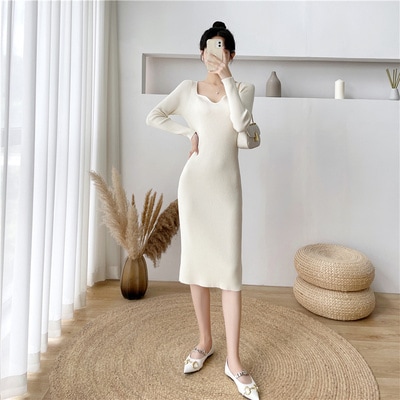 ワンピース デート ニットソー セーター 膝丈 ひざ丈 袖あり 長袖 スリム タイト 細身 かわいい 大人可愛い きれいめ シンプル カジュアル 大人 上品 おしゃれ お洒落 主役級 存在感 春 秋