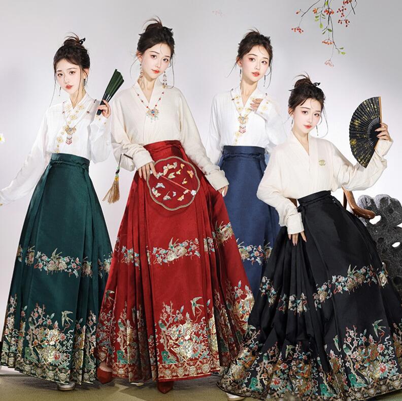 中華古代服 フレアスカート プリーツスカート 花柄ロングスカート 明制漢服 唐装 古典美人服 舞台衣装 ステージ衣装 中華服 チャイナ服 中華風 チャイナ風 華流衣装 チャイナドレス イベント 仮装