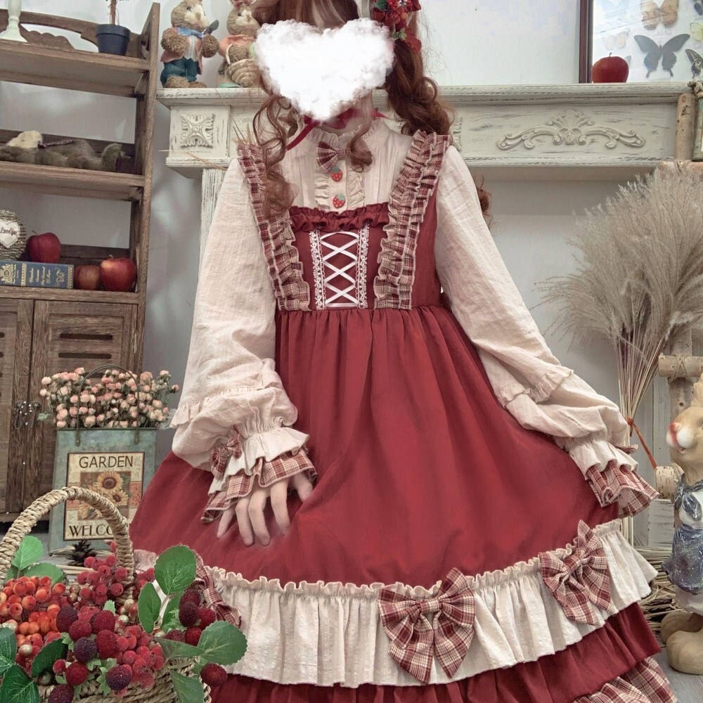 ロリータ風 ワンピース フレアスカート 膝下 袖あり 長袖 ボリューム袖 襟付き スタンドカラー Aライン プリーツ フリル リボン ハイウエスト かわいい 大人可愛い 上品 おしゃれ ラブリー