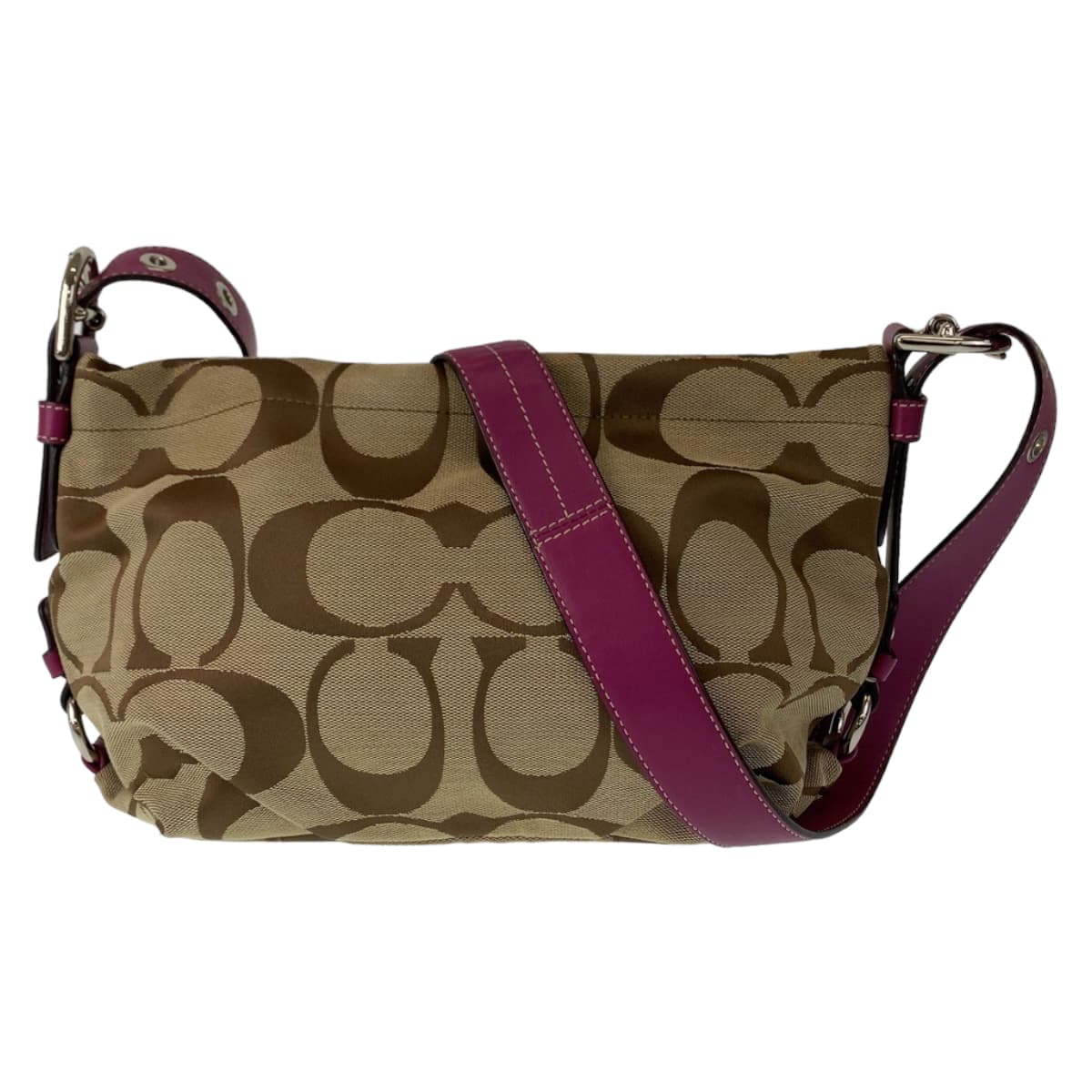 シグネチャー ベージュ パープル シルバー金具 キャンバス ショルダーバッグ メッセンジャーバッグ 斜め掛け可能 レディース 405938