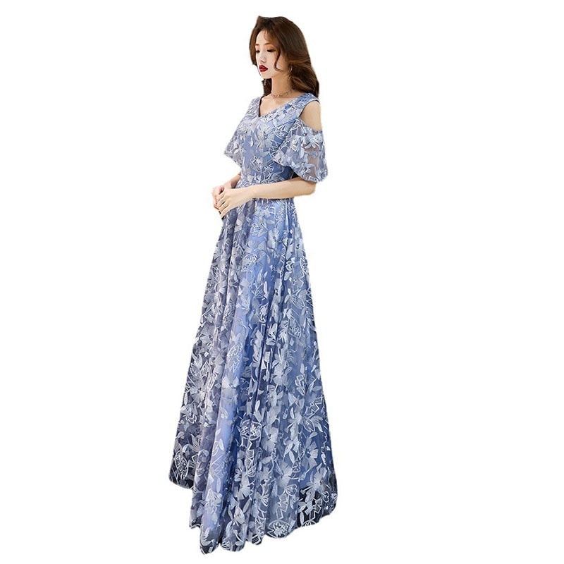 パーティードレス ロングドレス イブニングドレス Vネック 成人式 忘年会 結婚式 フォーマル Aライン 肩出し 五分袖 花柄 レース 大きいサイズ ハイウエスト-429