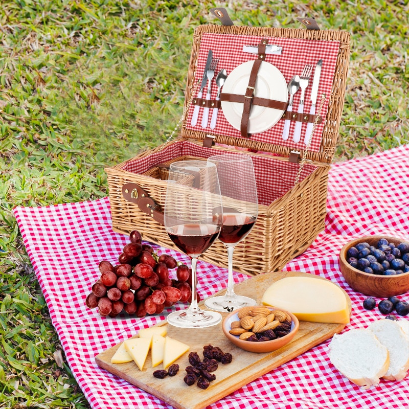 牧歌的なラタンピクニックバスケットイン食器籐ポータブル食事バスケットピクニックアウトドアキャンプ収納バスケット