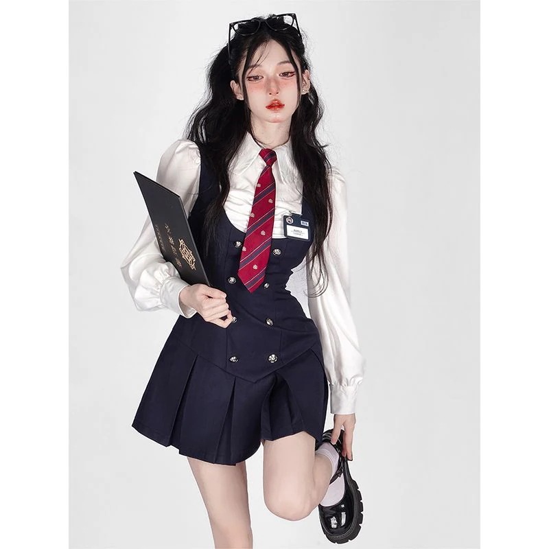 秋のアカデミア風jk制服長袖シャツインナートップス+ウエストを収めた着やせワンピースの2点セット女性 2023