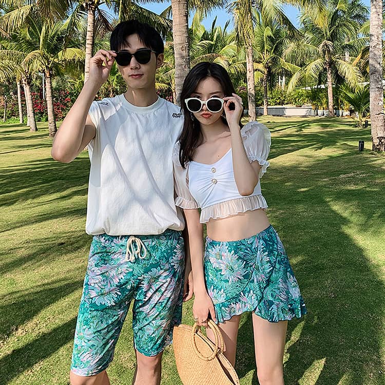 水着 カップル ペアルック レディース メンズ カップル水着 ペア水着 恋人 彼氏 彼女 おそろい お揃い 韓国 水着 タンキニ 体型カバー フリル スカート 露出控えめ 太もも カバー ビキニ サ