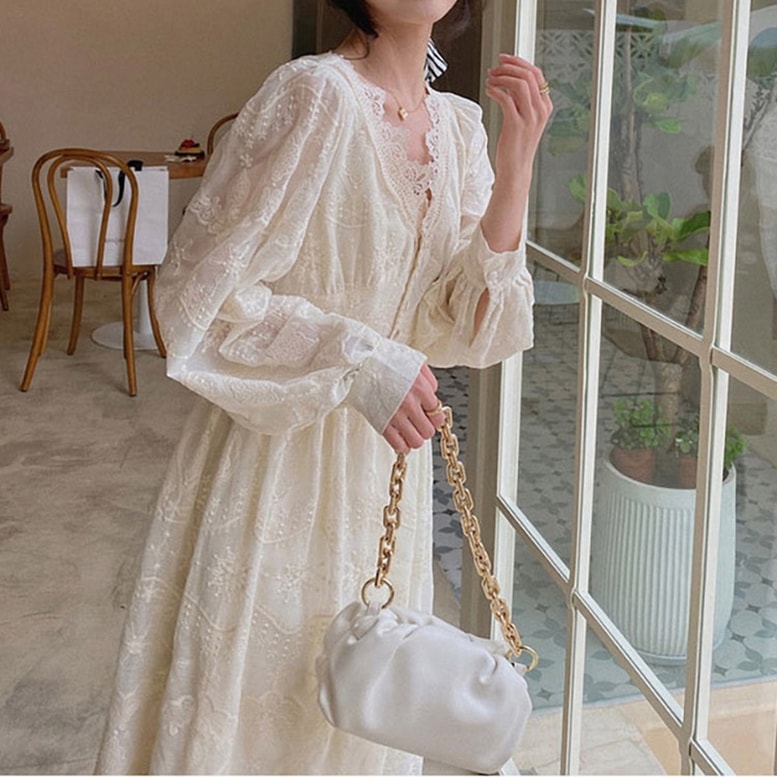 ワンピース レディース レースワンピース 刺繍 ロング丈 ドレス フレア Vネック 長袖