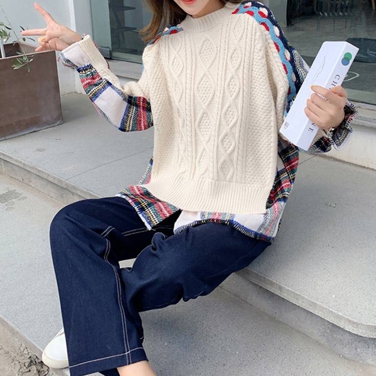 セーター シャツ ドッキング トップス ニット かわいい チェック オーバーサイズ 長袖 かわいい 大人女子 キュート 個性的 ルーズ カジュアル モード モダン 存在感 カラフル ネイビー ホワイト