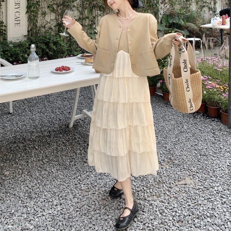 2点セット レディース キャミソールワンピース 韓国 キャミワンピ ロングワンピース ジャケット ノーカラージャケット ロング ロング丈 Vネック Aライン 切り替え ティアード フリル かわいい