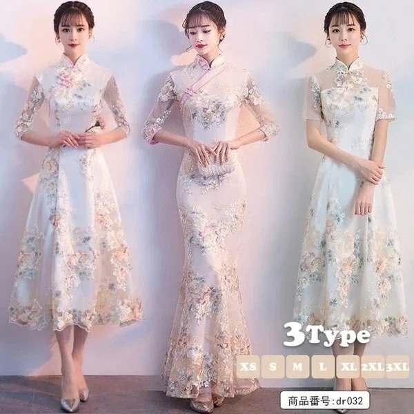 超人気 女性服チャイナ風ワンピース チャイナドレス 中国風 刺繍 レース マキシ丈 シースルー 花柄