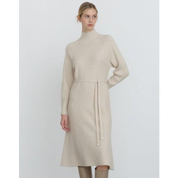 [24FW] [ウール混紡] ベージュストラップ ウール混紡 ホールガーメント ニットワンピース DLSW4D009I1