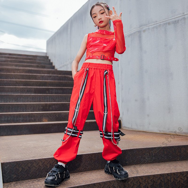 キッズダンス衣装 ヒップホップ レッド ロングパンツ 長袖 女の子 演出服 卒業式 120-170c