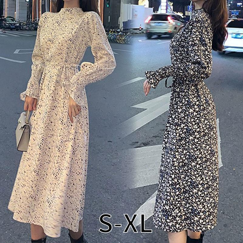 レディース 裏起毛 ワンピース 長袖 新作 秋冬 フレンチ ファッション チェニック レトロ シフォン 花柄 ワンピース ロング マキシ丈 厚手 ゆったり