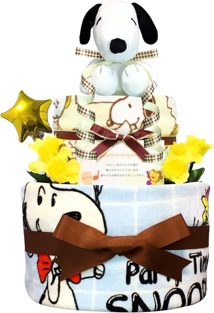 おむつケーキ 男の子 女の子 出産祝い 赤ちゃん 誕生日 ベビーシャワー ギフト 2段 Sサイズ snp2011 (イエロー, ご出産祝い・新生児用にオススメおむつサイズＳ)