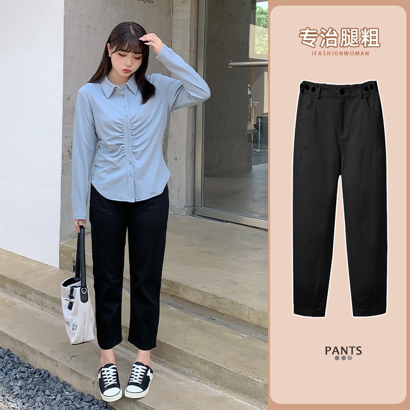 上品 5L 4L 韓国ファッション 大きいサイズ レディース 5l ズボン 秋冬 春夏 ゆったり ワイドパンツ大きいサイズの婦人服の秋のデザイン感九分カジュアルパンツゆるい痩せテンション腰大根ズボン2