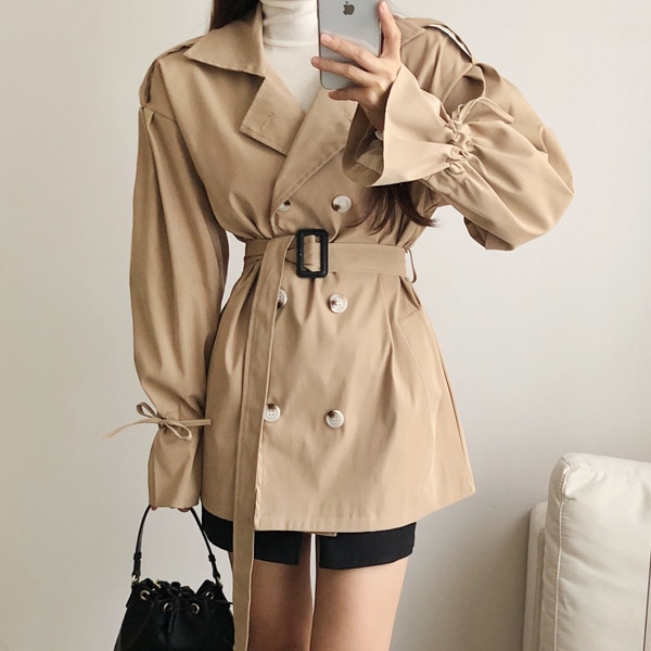 韓国ファッション カラー パフ ストラップ ハーフ トレンチ コート