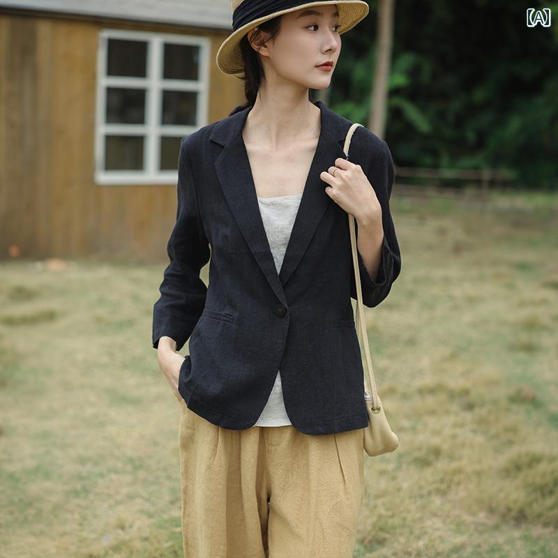 スーツ　ジャケット　カジュアル Bunong アーティスティック レトロ サンド ウォッシュ リネン ブレザー レディース ショート 春夏 スリムフィット カジュアル スーツ