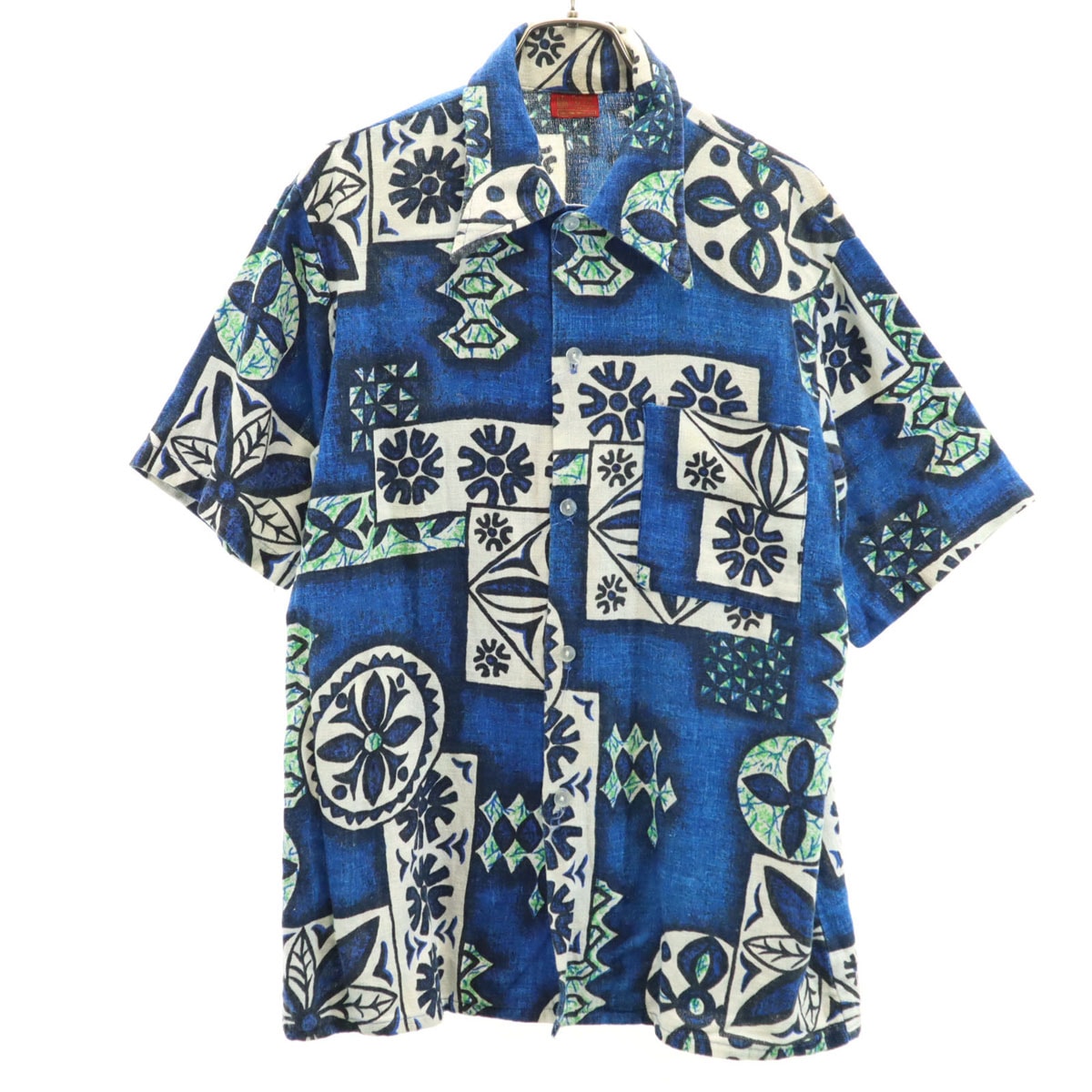 70s ヴィンテージ 花柄 半袖 アロハシャツ M ブルー メンズ 古着