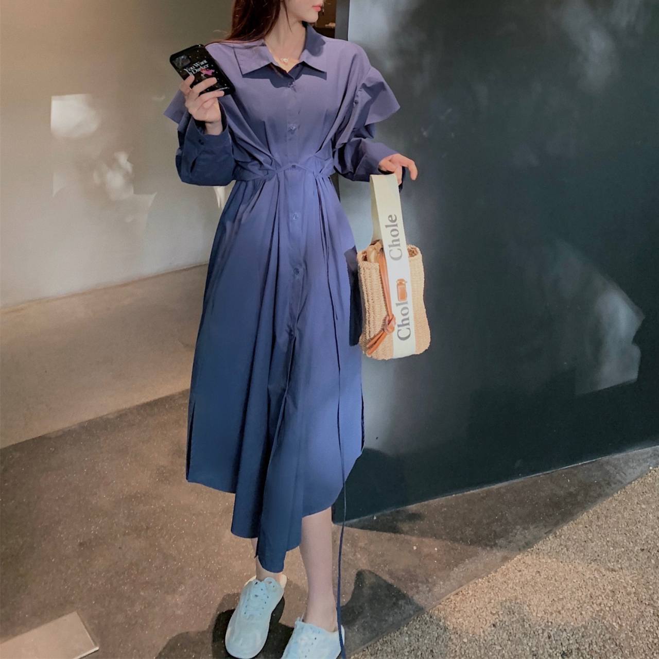 ワンピース ロングスカート シャツワンピース フレアワンピース 膝下 ミモレ ミモレ丈 ロング ロング丈 袖あり 長袖 ドルマンスリーブ ドロップショルダー バットスリーブ 襟付き