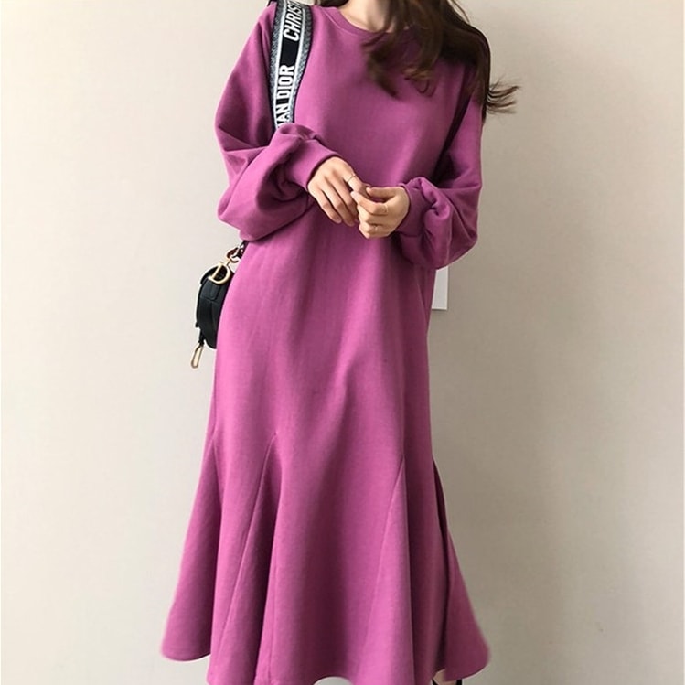 ワンピース マーメイドスタイル Tシャツワンピース ロングワンピース ラウンドネック 長袖 パフスリーブ ボリューム袖 ロング丈 ゆったり 大人女子 大人可愛い オシャレ おしゃれ お洒落