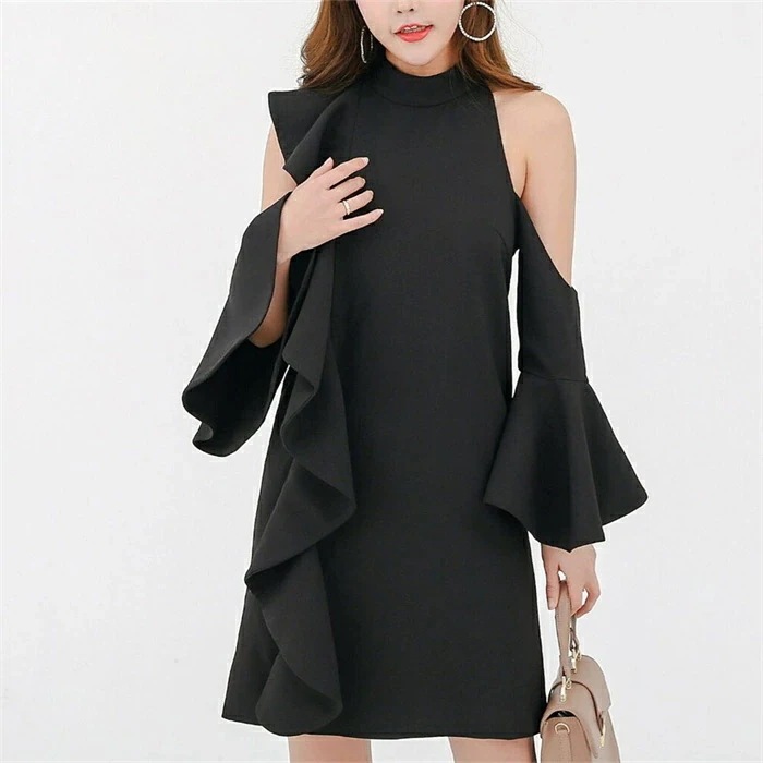【急速出荷!】ワンピース ドレス レディース ック 肩出し 長袖 フリル 膝丈 セレモニー フレア袖 女子会 着痩せ フォーマル 上品 エレガント 同窓会 パーティードレス ママ 母親 スリム シンプ