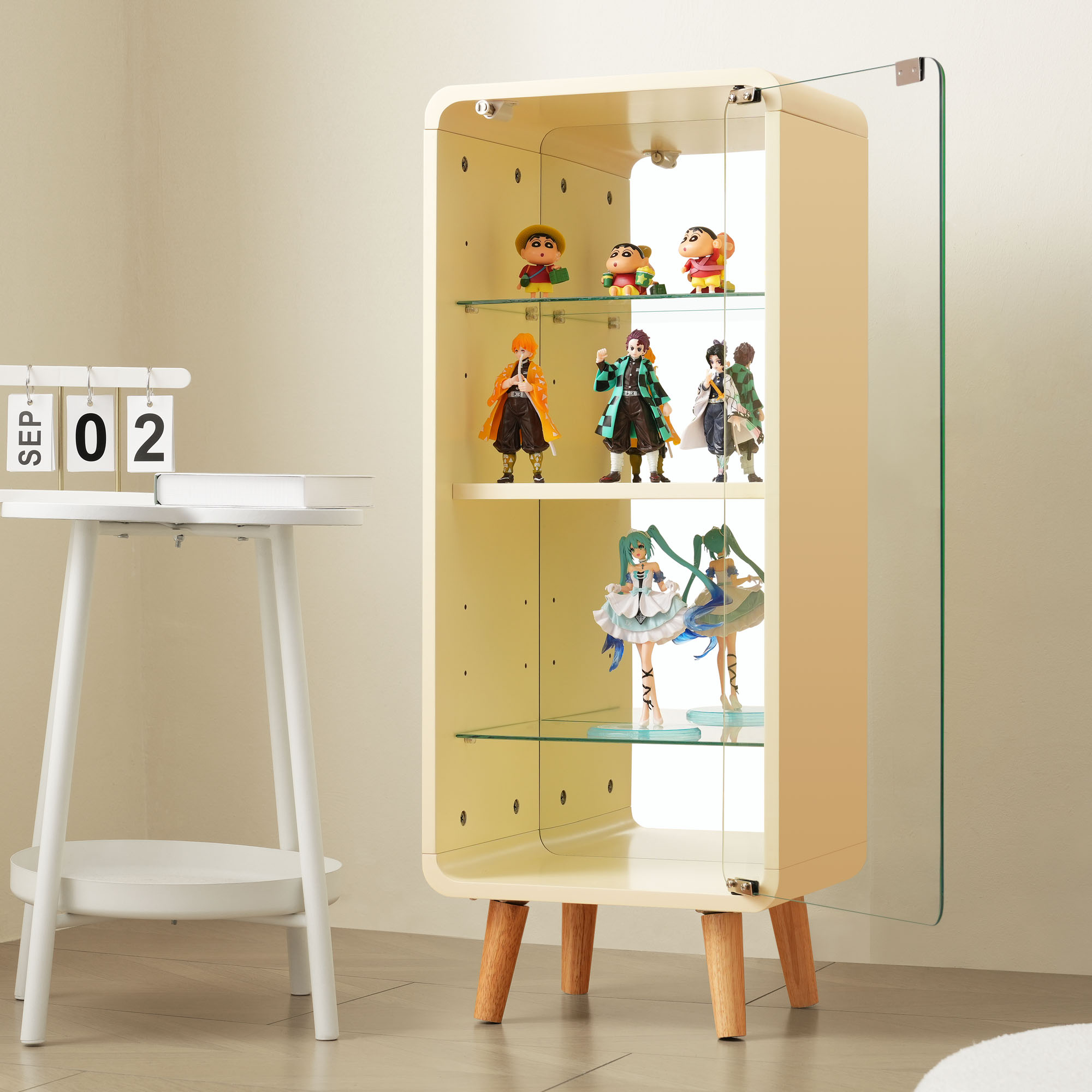 コレクションケース コレクションシェルフ ガラスディスプレイキャビネット4段 高さ調節可能 フィギュア 収納 背面ミラー 強化ガラス棚 サイズ：幅36*奥行26*高さ89CM ベージュGG5397 G