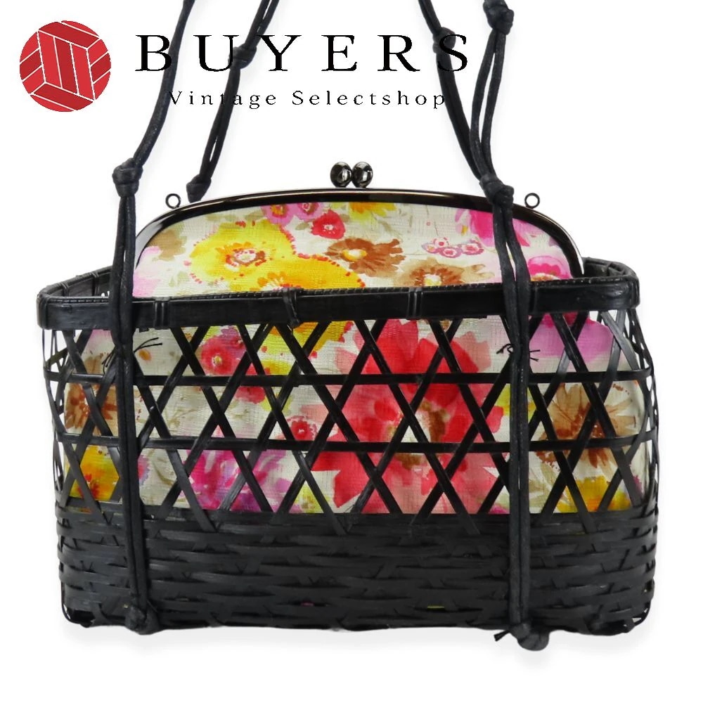 中古 和装バッグ かごバック 未使用展示品 綿 竹 ピンク系 ホワイト ブラック 2WAY 花柄 がま口 和装 呉服 和服 きもの レディース 女性