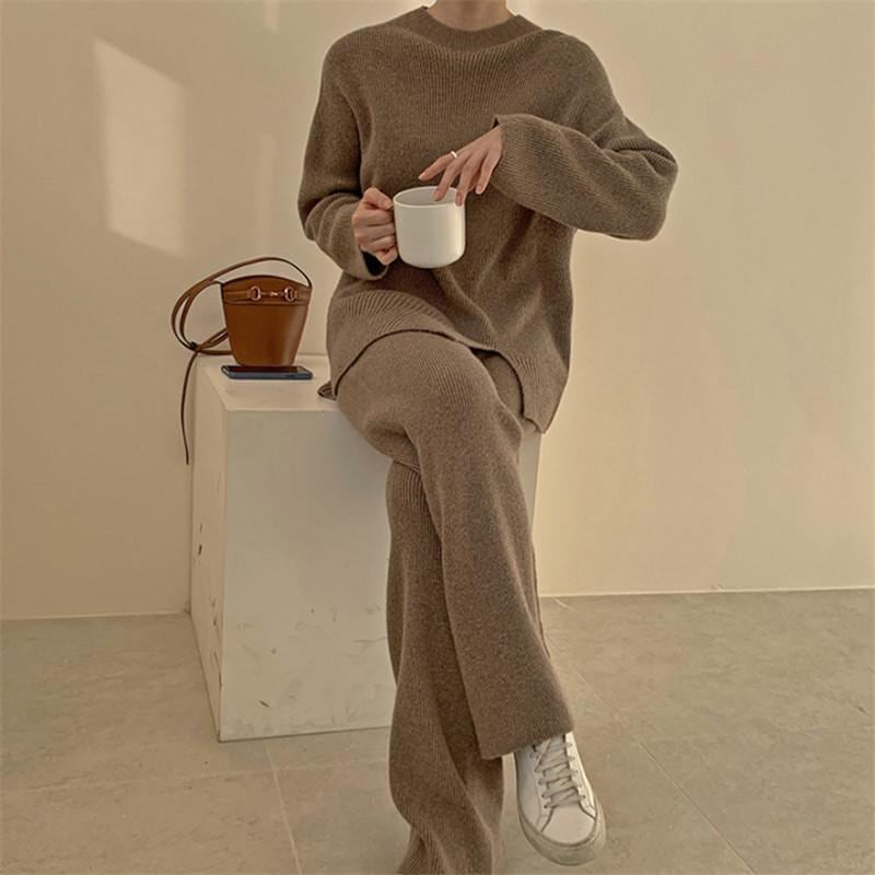 ニットセットアップレディース秋冬長袖ニットセーター上下セットゆったりクルーネックワイドパンツ2点セットプルオーバーツーピース部屋着通勤