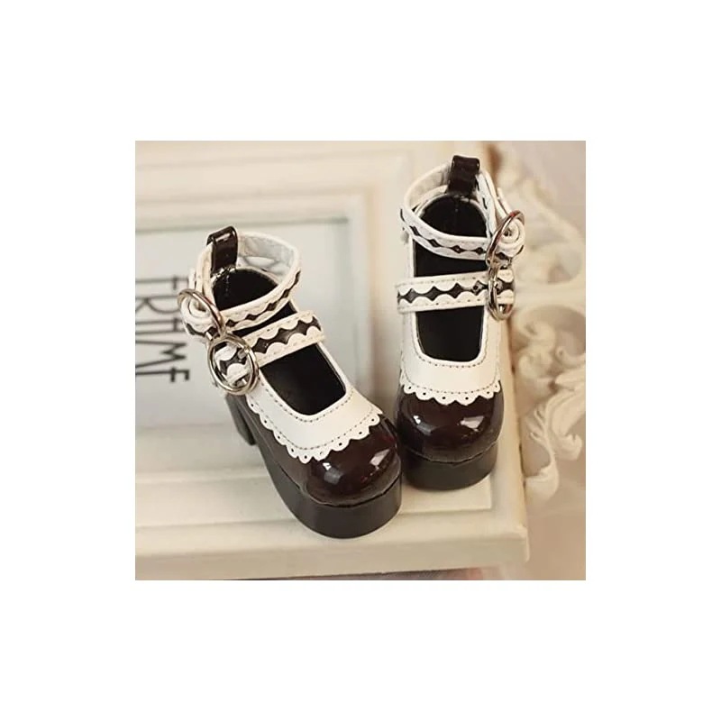 【即納】ドールシューズ4分通用ハイーヒール紐靴レース飾りエナメル (焦げ茶)