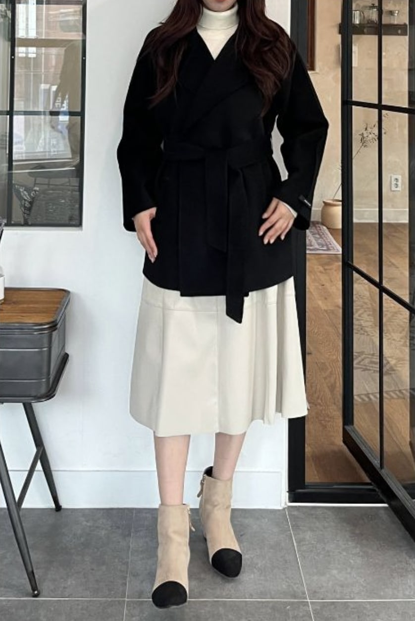 韓国TODAH7 ミディアムコート ハーフコート 両面プレミアムウール100% [ハンドメイド] ラブラト ブラック色 黒色 Mサイズ オーバーフィット ルーズフィット