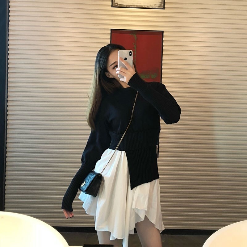 ドッキングアシンメトリー 切り替えニット レイヤード 重ね着風 重ね着 ドッキングニット フレア 裾 レディース トップス ニット クルーネック. a3758