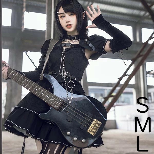 【迅速な出荷】ハロウィン 仮装 大人 女性 ロリータ ゴシック ゴスロリ ワンピース Aライン Lolita つけ袖 パフスリーブ レース フリル 半袖 黒 可愛い アイドル衣装 バンド ショート丈