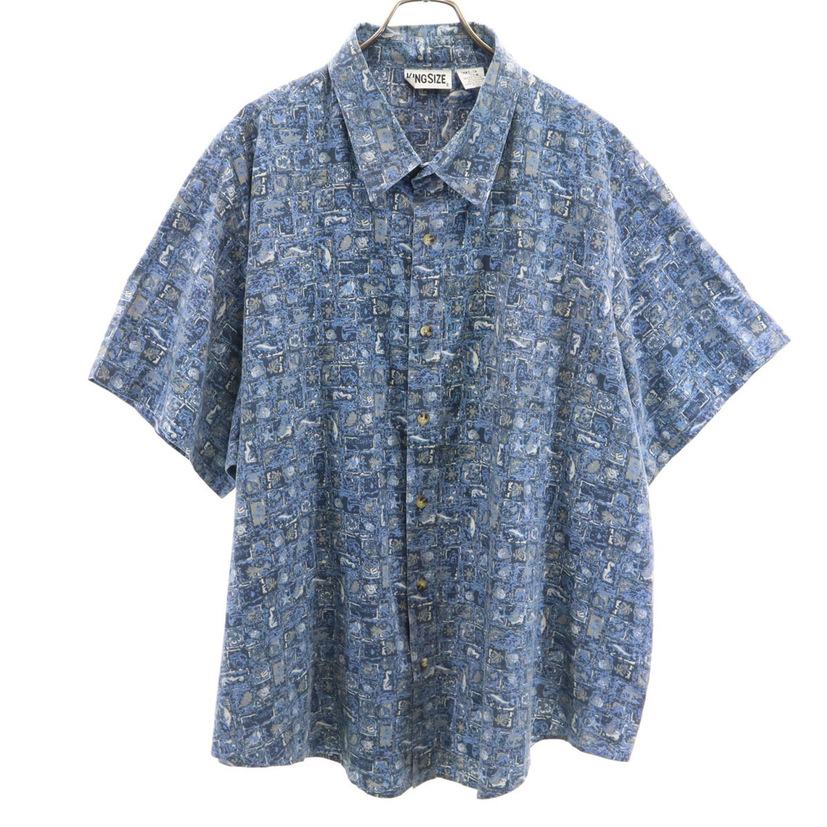 KING SIZE キングサイズ 90s オールド 総柄 半袖 シャツ 4XL ブルー ビッグサイズ メンズ 古着