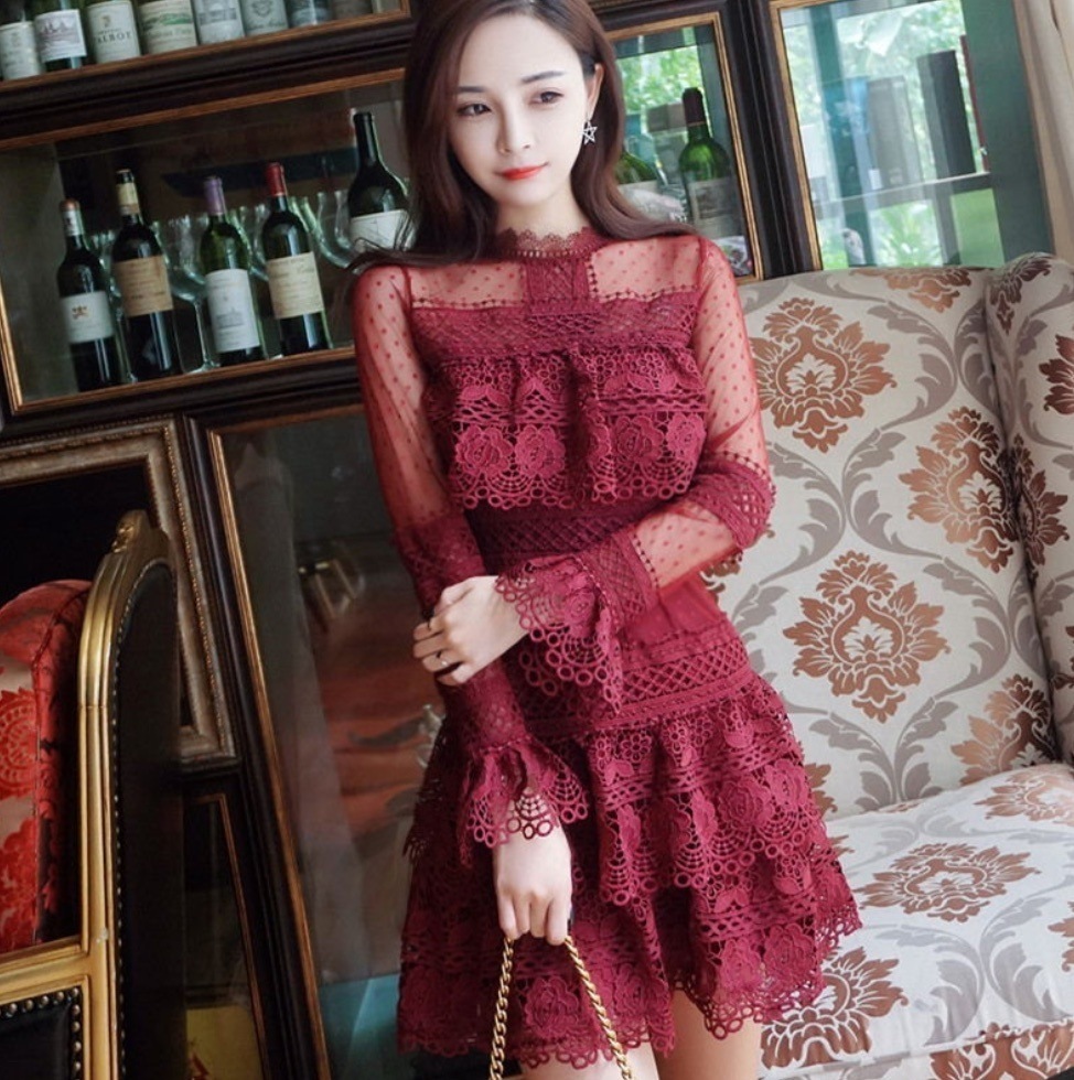 シースルーレースワンピース レトロ パーティードレス韓国 レディース オルチャン 黒 ブラック 赤 レッド フレアワンピース ティアードワンピース ワンピドレス ミニ丈 ショート丈 長袖