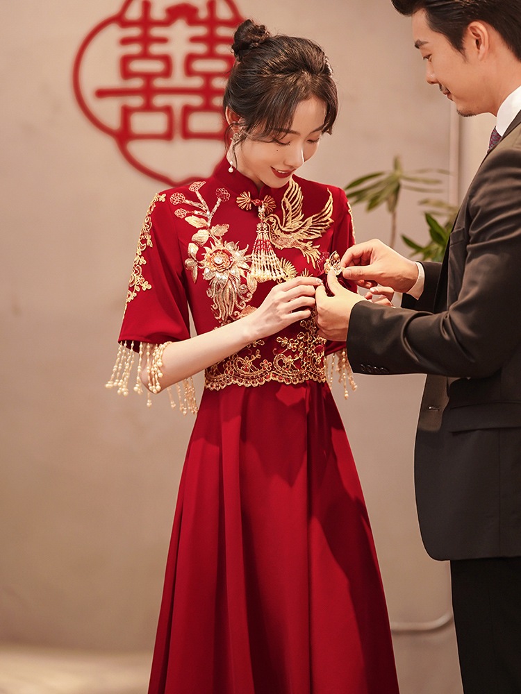 ドレス花嫁チェンサムスモールバーガンディウェディングブライドドレス女性婚約