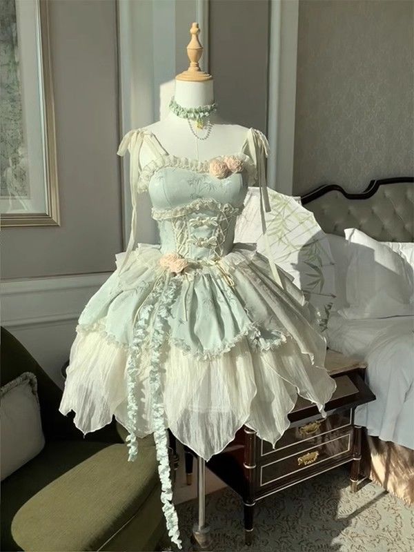 小さな新鮮な緑の竹の葉プリント新しいのバレエスタイルエレガントな妖精ロリータスカートロリータプリンセススカート女性ワンピースドレスドレス