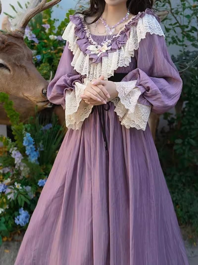 ファンタジーウィステリア宮殿レトロティーパーティーフリルランタンスリーブブルーミングドレス春の帝国ドレス