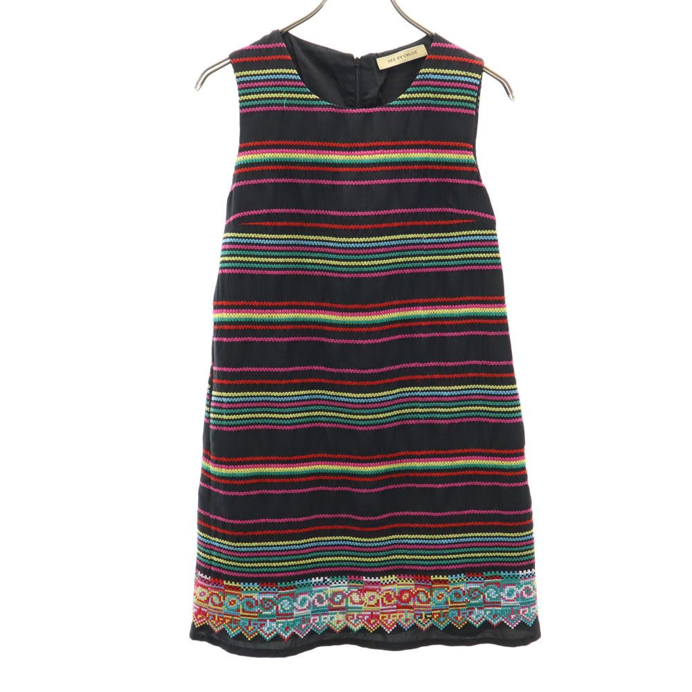 シルク100％ ボーダー柄 ノースリーブ ミニワンピース 4 黒系 レディース 5,611円