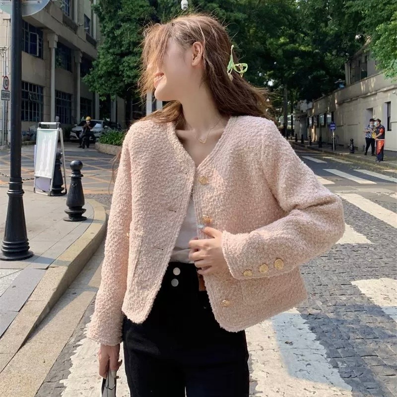 ジャケット レディース アウター ショート丈 長袖 無地 ラウンドネック 前開き ボタン ポケット ルーズ 大人可愛い きれいめ シンプル 上品 お洒落 かっこいい レトロ 20代 ママ オルチャン