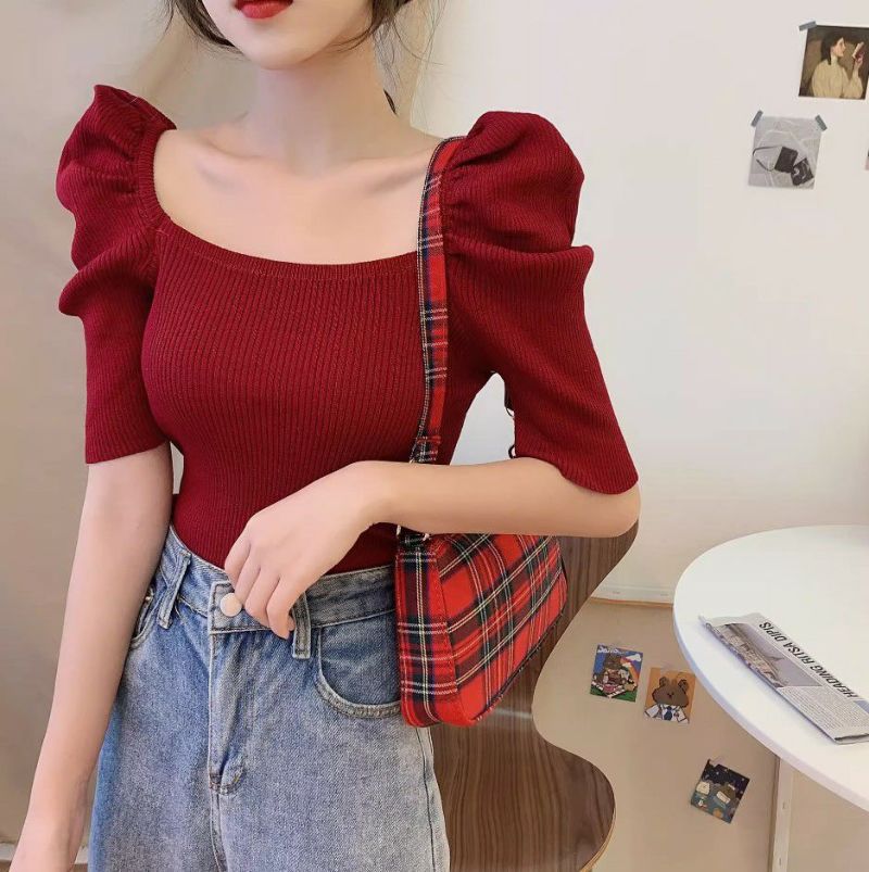 2024 SS 新作 6color パフスリーブ　スクエアネック リブ ニット