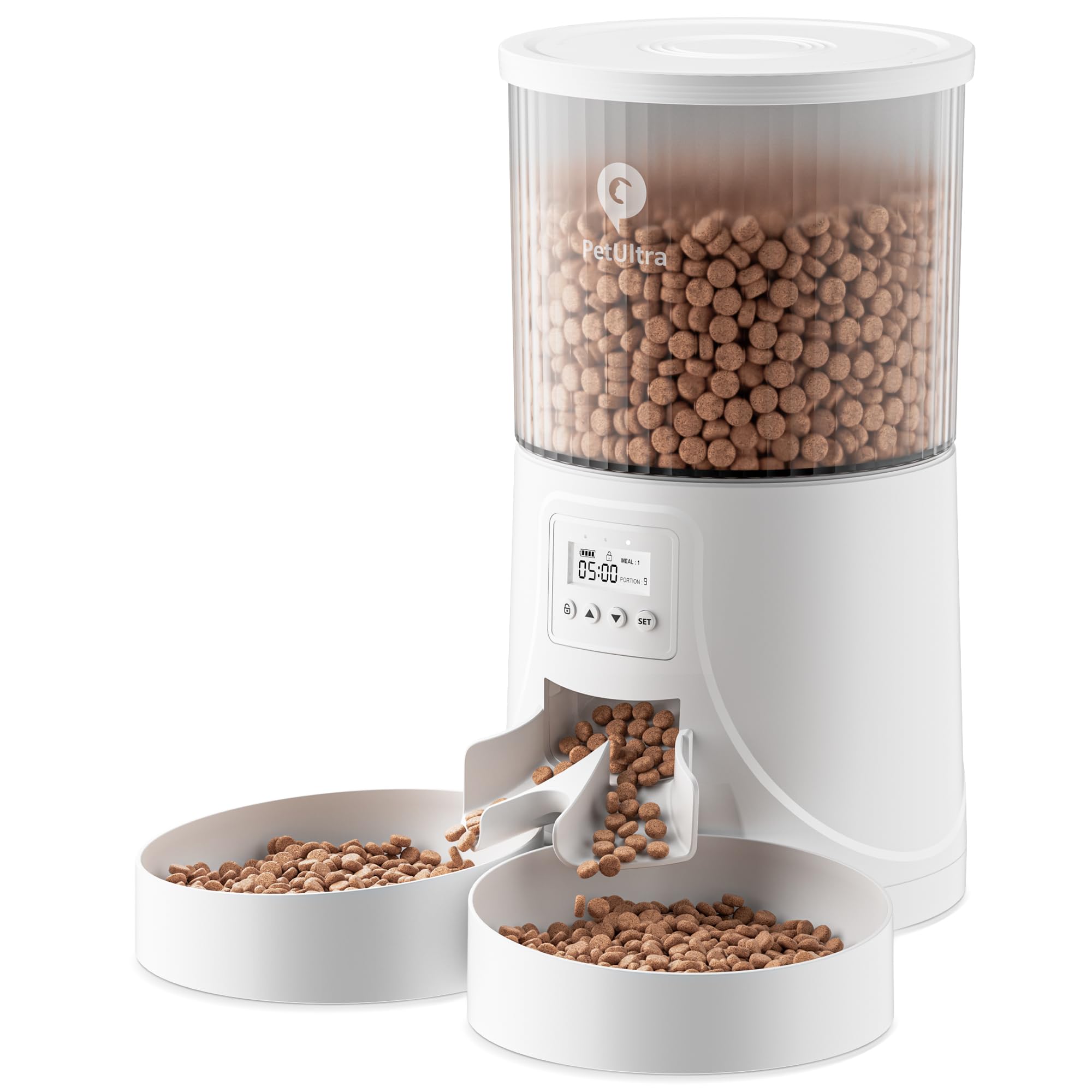 PetUltra 自動給餌器 猫用 タイマー式 二皿 10秒録音可 4L容量 ステンレス製ボウル付き 2WAY給電 定時定量 盗食防止 半透明タンク お手入れ簡単 PSE認証アダプター