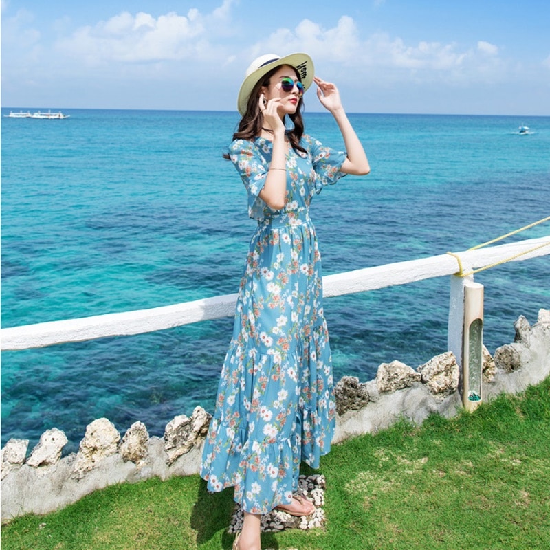 1715. 花柄カシュクールマキシ丈ワンピース（ブルー）2019 春夏 sale リゾート 海 ビーチ パーティー お呼ばれ 女子会 二次会