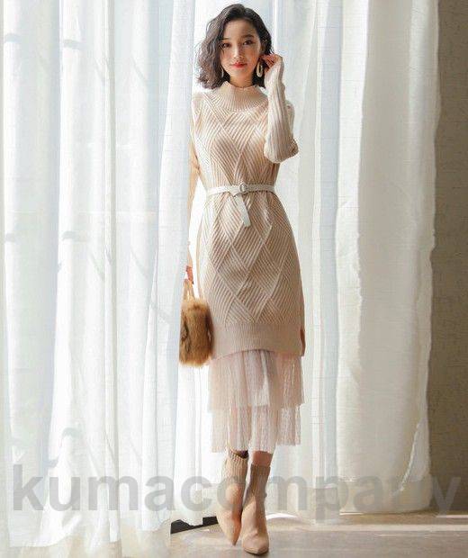 ワンピース セットアップ レディース スカート ニットワンピース タイト 長袖 ミモレ丈 リブニットワンピース ハイネック スタンドカラー 黒 きれいめ カジュアル お呼ばれ 韓国 ファッション おし